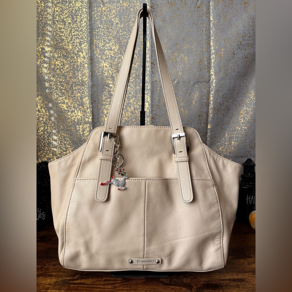 B. Makowsky Cream Buttery Pebbled Leather Satchel Tote